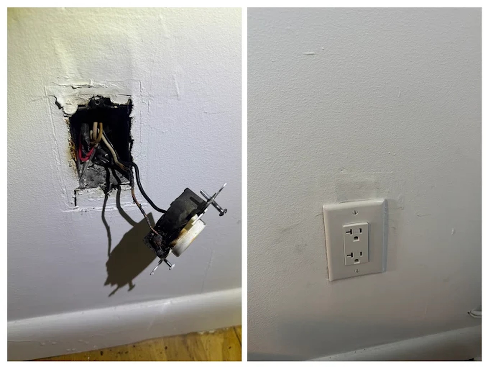 Burnt out receptacle removed and replaced with a new 20 amp outlet