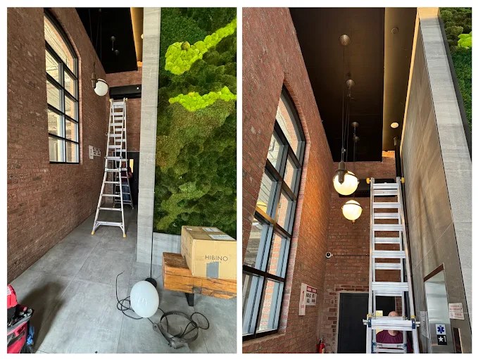 Pendant globe lights installed in a brick atrium with a living moss wall