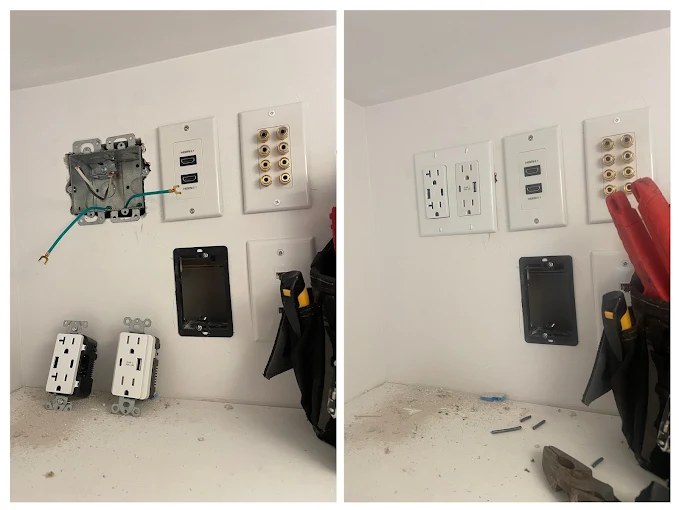 Media wall outlets, HDMI and speaker plates installed and finished