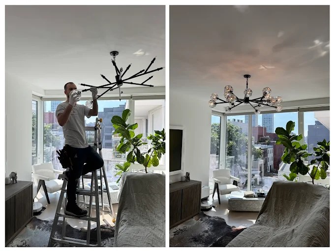 Sputnik chandelier installed in a high-rise living room