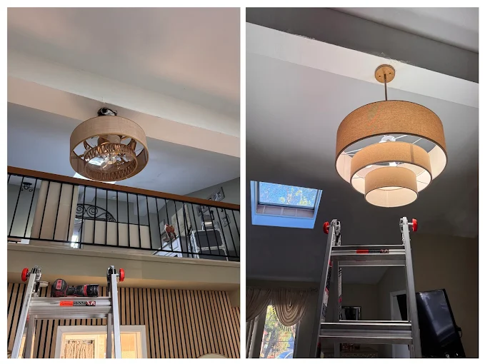 Before and after of a tiered drum chandelier installed in a two-story foyer