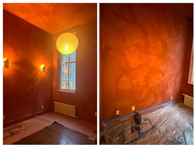 Decorative wall sconces and pendant installed in a Venetian plaster room