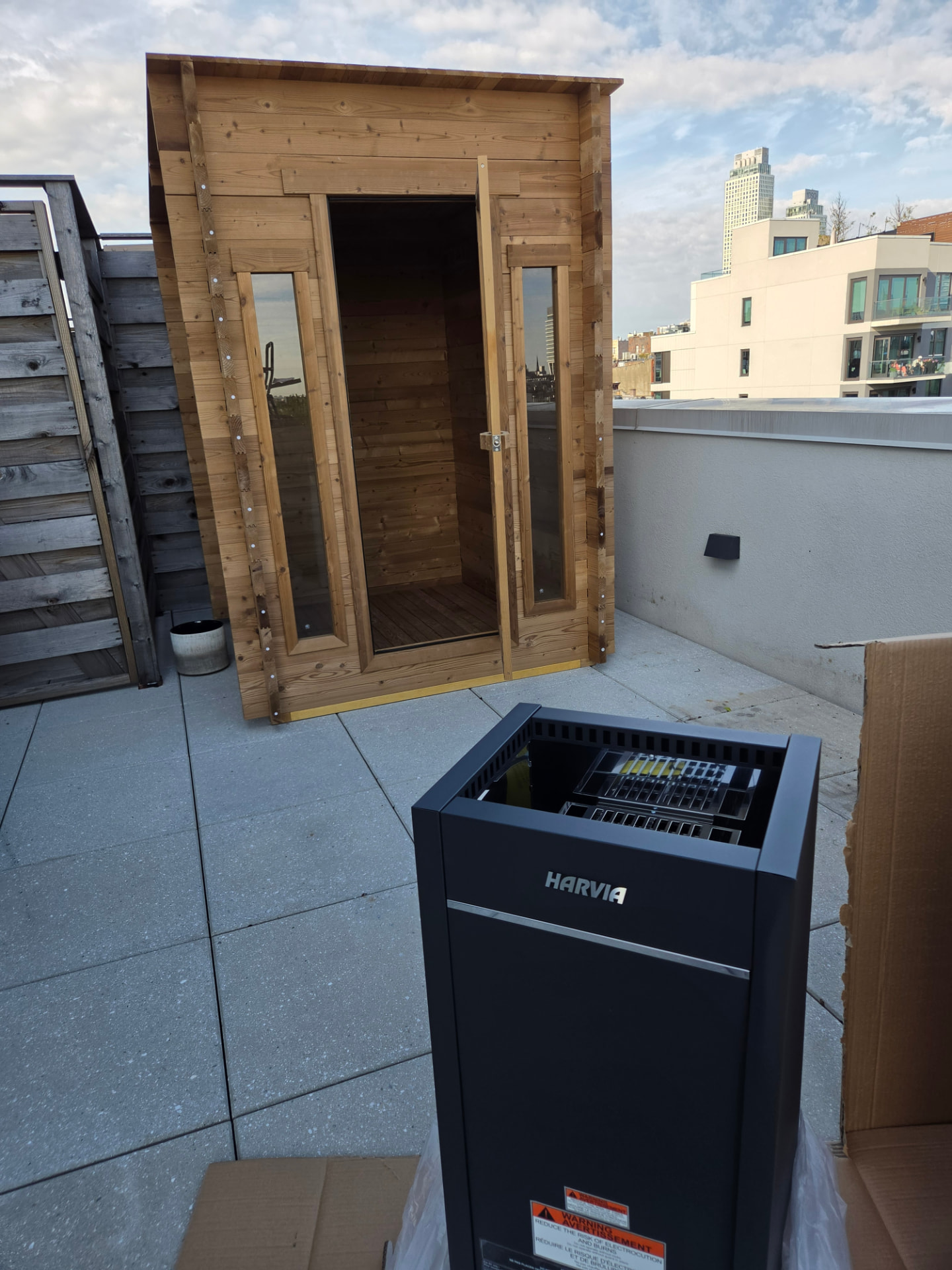 Harvia electric sauna heater prepared for installation on a New York City rooftop