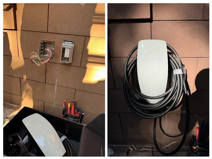 Tesla Wall Connector wired and mounted in a garage