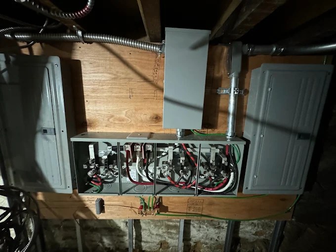 Multi-unit meter bank and panels installed in a basement