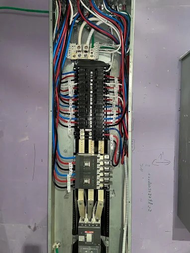 Three-phase panelboard neatly wired with color-coded branch circuits