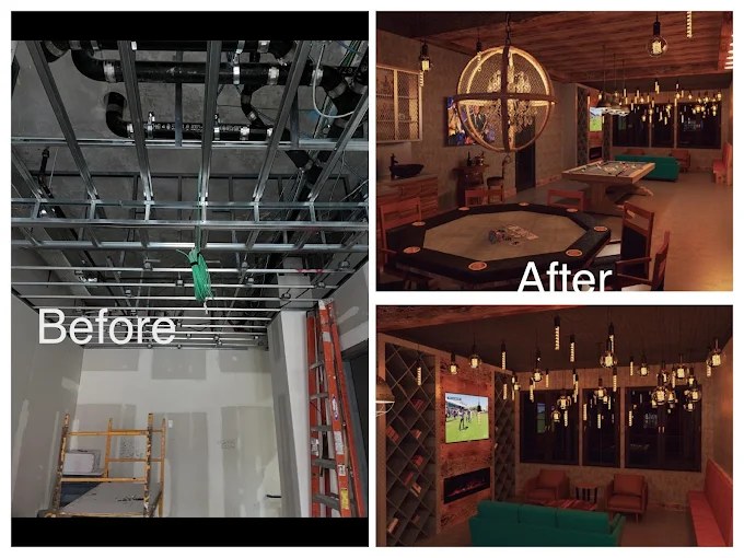 Before and after of a lounge buildout with custom pendant and orb lighting