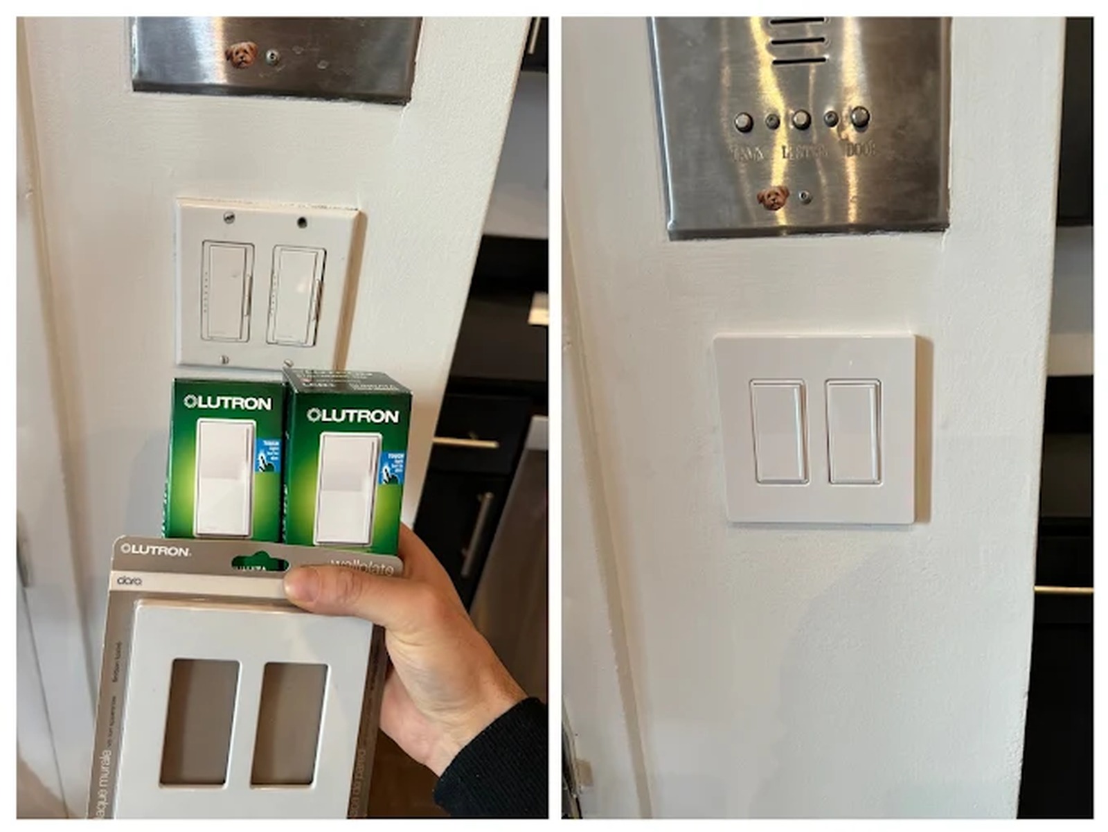 Old switches replaced with new Lutron paddle switches and wall plate